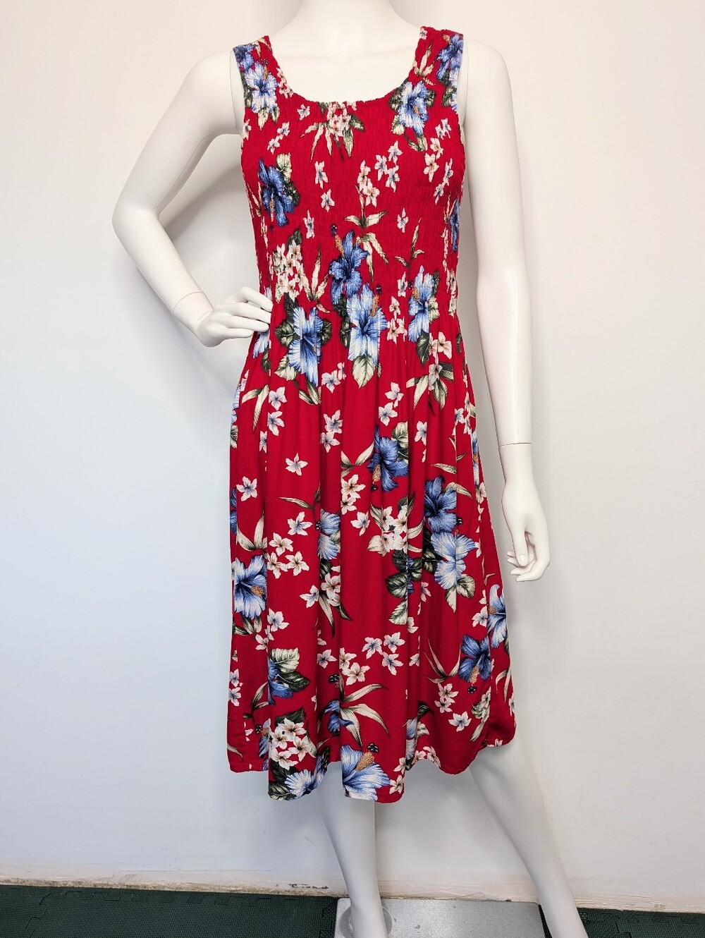 Red & Blue Floral Hibiscus Print Tank Sleeveless Shirred Knee Length Sundress